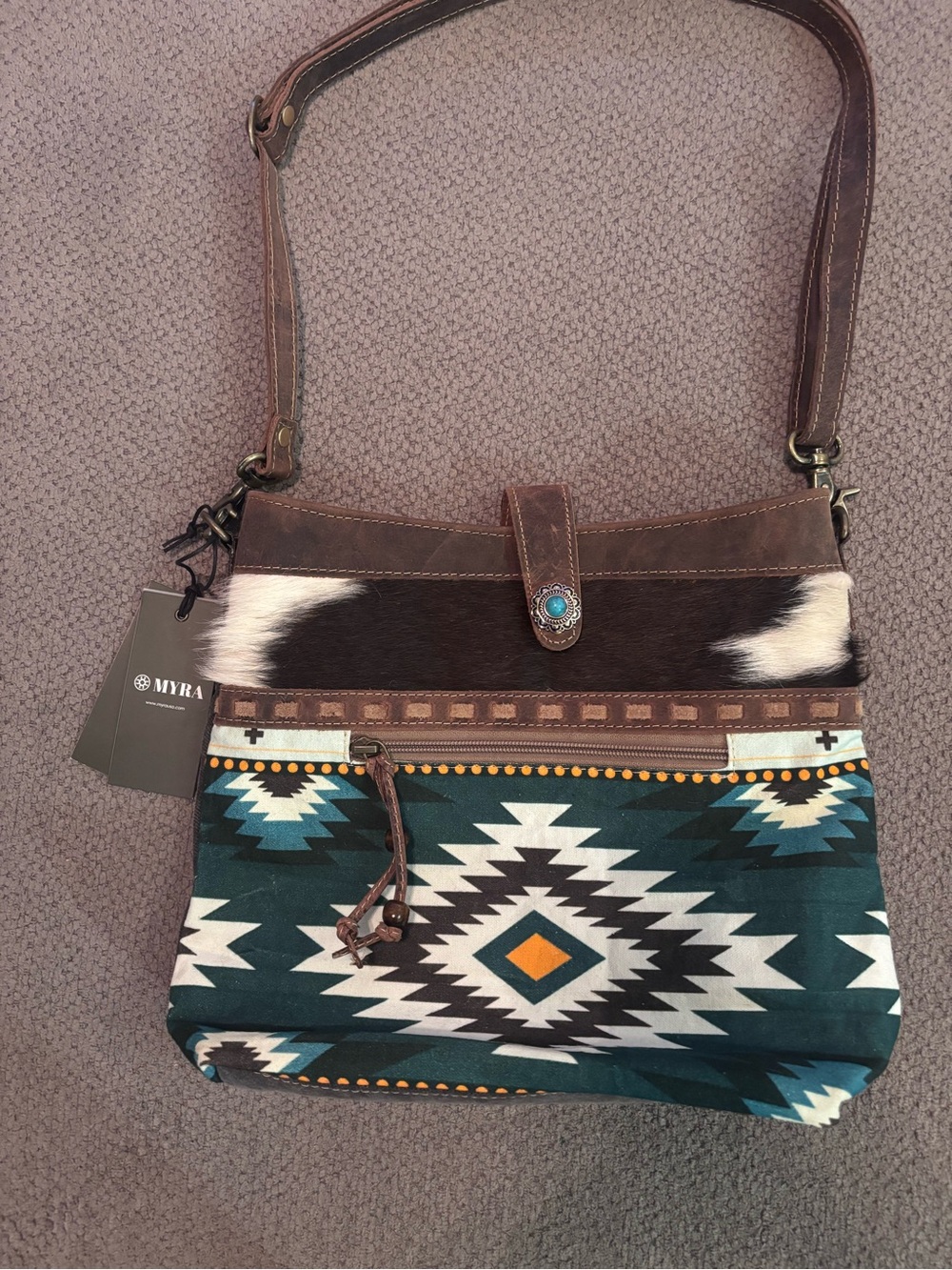Myra Bag Teal Aztec Crossbody with Brown Leather & Hair-on Hide